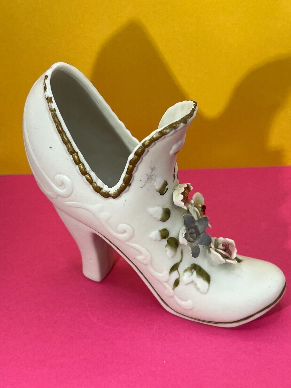 Miniature Victorian Porcelain Shoe Boot Vase Flowers chipped see photos